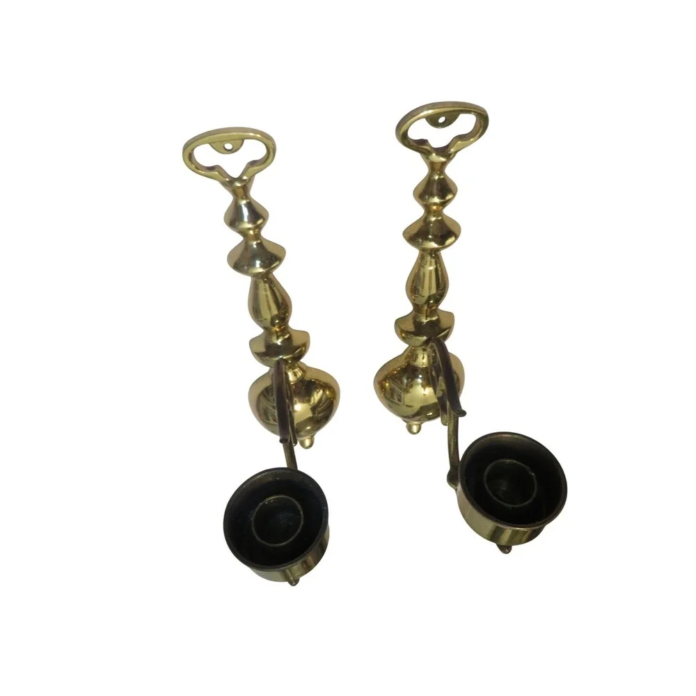 Vintage Solid Brass Wall Sconce Candle Holders Pair Polished Gold Spindle 12.5in